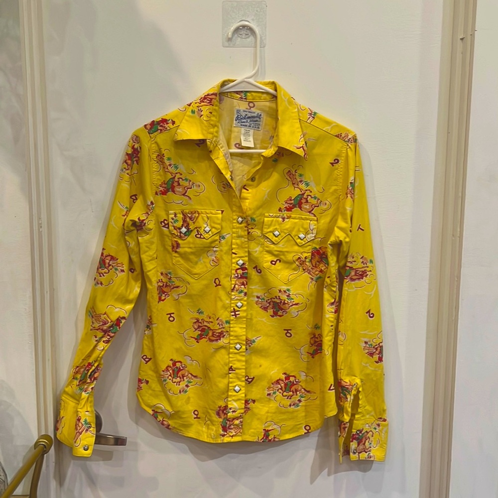 Yellow Cowboy Print Western Snap Shirt Sz L